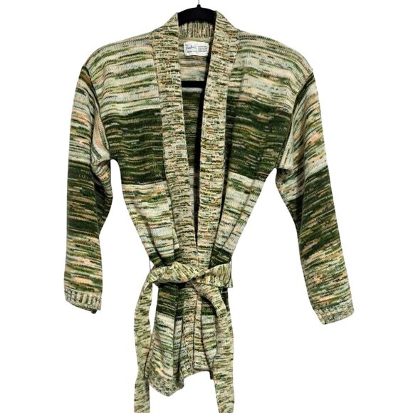 Vintage 70s Pandora Green & Cream Knit Open Front Cardigan Sweater With Belt - Picture 1 of 8